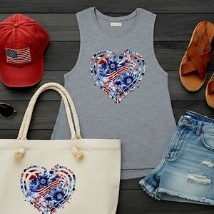 Patriotic Floral Heart Tank Top | USA Flag Graphic | 4th of July Americana Tee